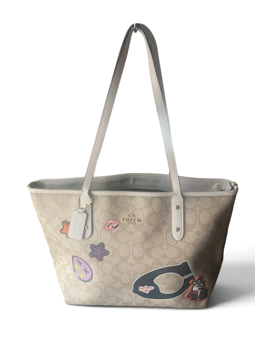 Coach Beige Signature Canvas Tote with Colorful Patch Details